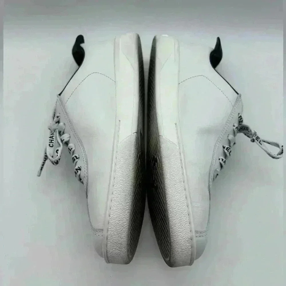 Chanel White Leather Casual Sneakers: Women's Size 36.5 Logo Laces CC - Picture 4 of 13